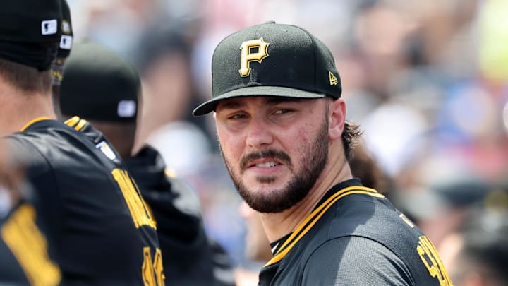 Apr 2, 2025; St. Petersburg, Florida, USA;Pittsburgh Pirates starting pitcher Paul Skenes (30) looks on during the first inning against the Tampa Bay Rays  at George M. Steinbrenner Field. Mandatory Credit: Kim Klement Neitzel-Imagn Images