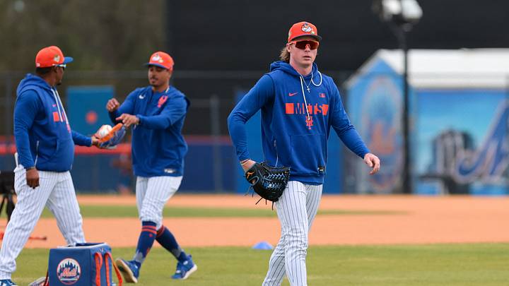 Feb 17, 2026; Port St. Lucie, FL, USA; New York Mets  infielder Ryan Clifford (87) looks on during spring training at Clover Park. Mandatory Credit: Sam Navarro-Imagn Images