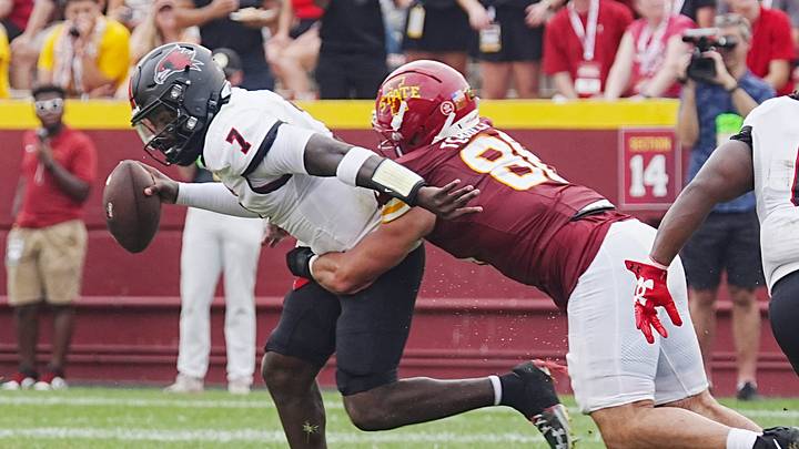 Iowa State defensive end Isaac Terrell (88) sacks Southeast Missouri quarterback Braylen Ragland (7) during the second quarter in the week one NCAA football at Jack Trice Stadium on Sept. 5, 2026, in Ames, Iowa.