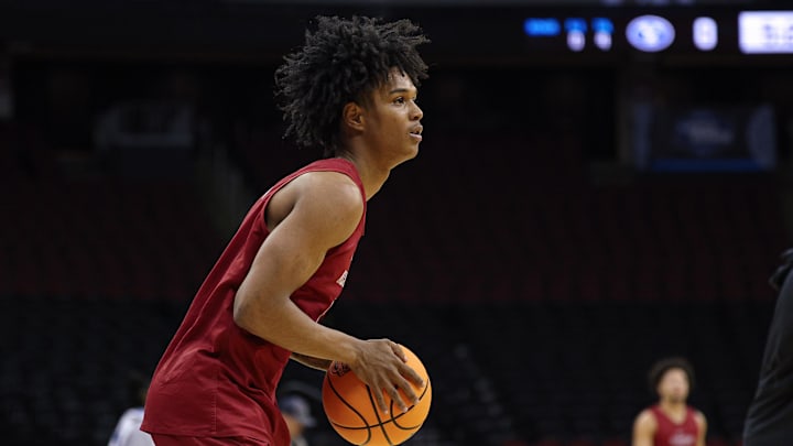 Mar 26, 2025; Newark, NJ, USA; Alabama Crimson Tide guard Aden Holloway (2) during a practice session in preparation for an East Regional semifinal game against the Brigham Young Cougars at Prudential Center. Mandatory Credit: Vincent Carchietta-Imagn Images Mar 26, 2025; Newark, NJ, USA; Alabama Crimson Tide guard Aden Holloway (2) during a practice session in preparation for an East Regional semifinal game against the Brigham Young Cougars at Prudential Center. Mandatory Credit: Vincent Carchietta-Imagn Images