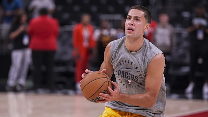 Oct 8, 2024; Atlanta, Georgia, USA; Indiana Pacers forward Cole Swider (21) on the court before the game against the Atlanta Hawks at State Farm Arena. Mandatory Credit: Dale Zanine-Imagn Images Oct 8, 2024; Atlanta, Georgia, USA; Indiana Pacers forward Cole Swider (21) on the court before the game against the Atlanta Hawks at State Farm Arena. Mandatory Credit: Dale Zanine-Imagn Images