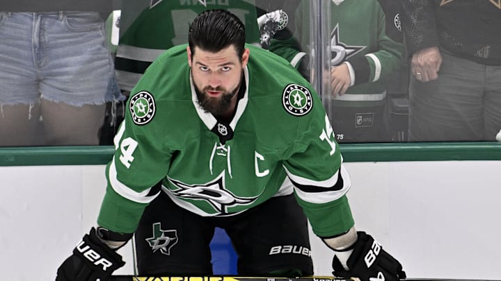 May 23, 2025; Dallas, Texas, USA; Dallas Stars left wing Jamie Benn (14) practices before game two of the Western Conference Final of the 2025 Stanley Cup Playoffs at American Airlines Center. Mandatory Credit: Jerome Miron-Imagn Images May 23, 2025; Dallas, Texas, USA; Dallas Stars left wing Jamie Benn (14) practices before game two of the Western Conference Final of the 2025 Stanley Cup Playoffs at American Airlines Center. Mandatory Credit: Jerome Miron-Imagn Images