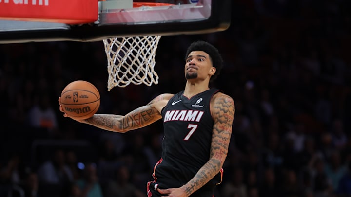 Mar 2, 2025; Miami, Florida, USA; Miami Heat center Kel'el Ware (7) dunks against the New York Knicks during the third quarter at Kaseya Center. Mandatory Credit: Sam Navarro-Imagn Images
