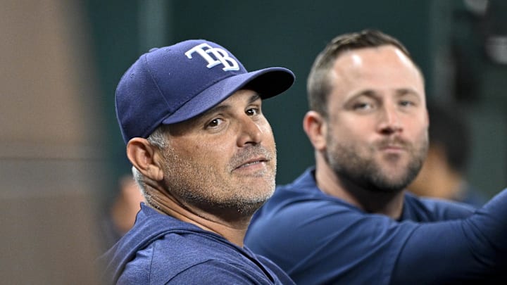 Tampa Bay Rays manager Kevin Cash (16) looks on during the game against the Texas Rangers. /Jerome Miron-Imagn Images Tampa Bay Rays manager Kevin Cash (16) looks on during the game against the Texas Rangers. /Jerome Miron-Imagn Images