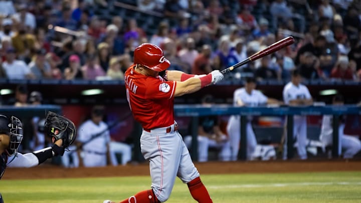 Aug 27, 2023; Phoenix, Arizona, USA; Cincinnati Reds first shortstop Matt McLain against the Arizona Diamondbacks at Chase Field. Mandatory Credit: Mark J. Rebilas-USA TODAY Sports Aug 27, 2023; Phoenix, Arizona, USA; Cincinnati Reds first shortstop Matt McLain against the Arizona Diamondbacks at Chase Field. Mandatory Credit: Mark J. Rebilas-USA TODAY Sports