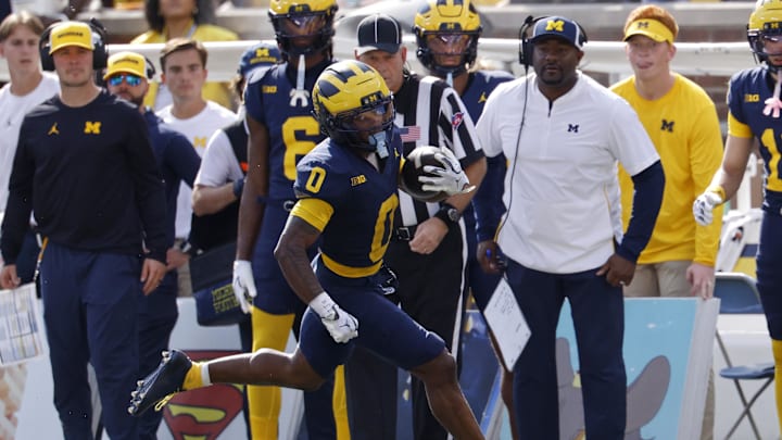 Oct 4, 2025; Ann Arbor, Michigan, USA;  Michigan Wolverines wide receiver Semaj Morgan (0) rushes in the second half against the Wisconsin Badgers at Michigan Stadium. Mandatory Credit: Rick Osentoski-Imagn Images