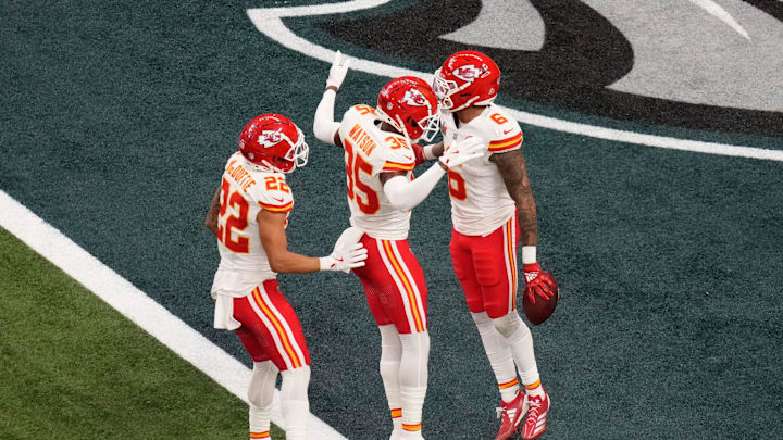 Feb 9, 2025; New Orleans, LA, USA; Kansas City Chiefs safety Bryan Cook (6) reacts with cornerback Jaylen Watson (35) and cornerback Trent McDuffie (22) after an interception during the second quarter in Super Bowl LIX  against the Philadelphia Eagles at Caesars Superdome. Mandatory Credit: Kirby Lee-Imagn Images