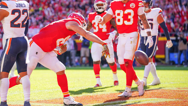 Nov 10, 2024; Kansas City, Missouri, USA; Kansas City Chiefs tight end Travis Kelce (87) spikes the football after scoring against the Denver Broncos during the first half at GEHA Field at Arrowhead Stadium. Mandatory Credit: Denny Medley-Imagn Images Nov 10, 2024; Kansas City, Missouri, USA; Kansas City Chiefs tight end Travis Kelce (87) spikes the football after scoring against the Denver Broncos during the first half at GEHA Field at Arrowhead Stadium. Mandatory Credit: Denny Medley-Imagn Images