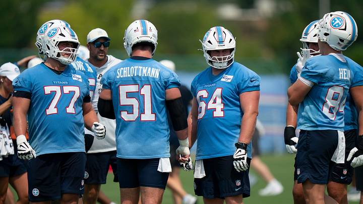 The Tennessee Titans offensive line arrives for the next set of drills on the first day training camp practice at Vanderbilt Health Football Center Wednesday, July 29, 2026. The Tennessee Titans offensive line arrives for the next set of drills on the first day training camp practice at Vanderbilt Health Football Center Wednesday, July 29, 2026.
