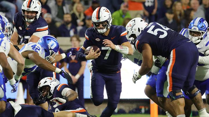 Oct 23, 2026; Charlottesville, Virginia, USA; Virginia Cavaliers quarterback Beau Pribula (7) runs with the ball against the Duke Blue Devils during the first half at Scott Stadium. Mandatory Credit: Amber Searls-Imagn Images Oct 23, 2026; Charlottesville, Virginia, USA; Virginia Cavaliers quarterback Beau Pribula (7) runs with the ball against the Duke Blue Devils during the first half at Scott Stadium. Mandatory Credit: Amber Searls-Imagn Images