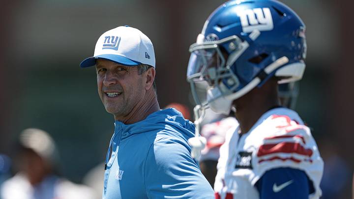 Jun 3, 2026; East Rutherford, NJ, USA;  New York Giants head coach John Harbaugh looks on during organized team activities at Quest Diagnostics Training Center. Mandatory Credit: Vincent Carchietta-Imagn Images