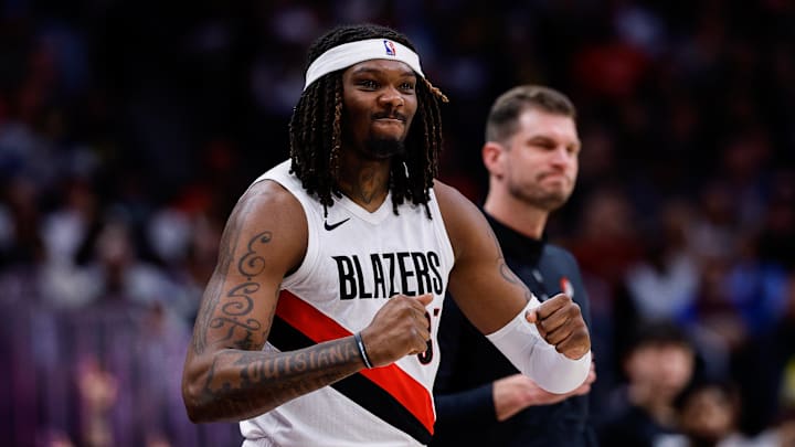 Apr 6, 2026; Denver, Colorado, USA; Portland Trail Blazers center Robert Williams III (35) reacts from the sideline in the third quarter against the Denver Nuggets at Ball Arena. Mandatory Credit: Isaiah J. Downing-Imagn Images