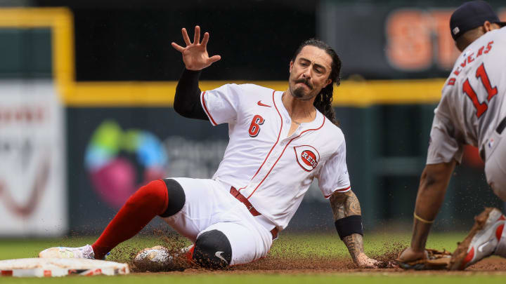 Jun 23, 2024; Cincinnati, Ohio, USA; Cincinnati Reds second baseman Jonathan India (6) slides into third on a RBI single hit by third baseman Santiago Espinal (not pictured) in the sixth inning against the Boston Red Sox at Great American Ball Park. Mandatory Credit: Katie Stratman-USA TODAY Sports