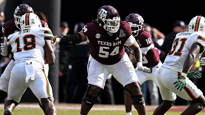 Dec 20, 2025; College Station, TX, USA; Texas A&M Aggies offensive lineman Mark Nabou Jr. (54) blocks during the second half against the Miami Hurricanes at Kyle Field. Mandatory Credit: Maria Lysaker-Imagn Images Dec 20, 2025; College Station, TX, USA; Texas A&M Aggies offensive lineman Mark Nabou Jr. (54) blocks during the second half against the Miami Hurricanes at Kyle Field. Mandatory Credit: Maria Lysaker-Imagn Images