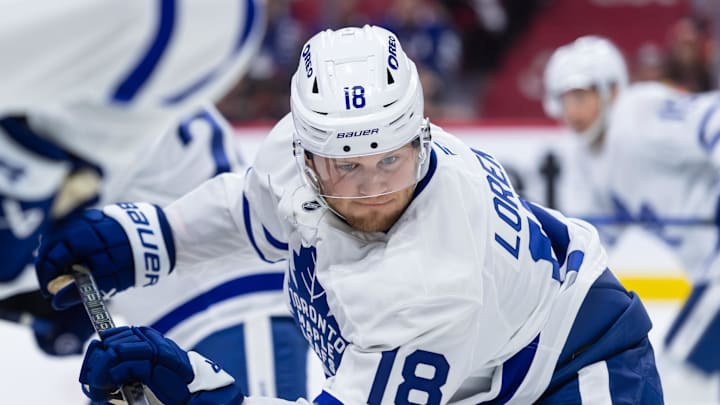 Apr 24, 2025; Ottawa, Ontario, CAN; Toronto Maple Leafs center Steven Lorentz (18) faces off in game three of the first round of the 2025 Stanley Cup Playoffs against the Ottawa Senators at Canadian Tire Centre.Mandatory Credit: Marc DesRosiers-Imagn Images