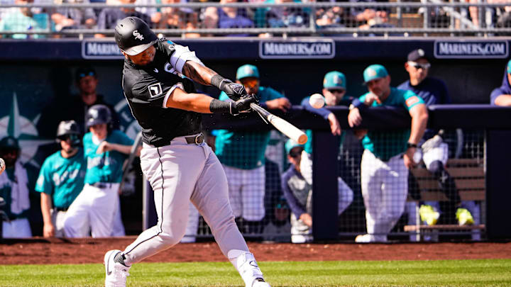Feb 24, 2026; Peoria, Arizona, USA; Chicago White Sox second baseman Lenyn Sosa (50) hits during the third inning in Peoria, Arizona. Mandatory Credit: Arianna Grainey-Imagn Images Feb 24, 2026; Peoria, Arizona, USA; Chicago White Sox second baseman Lenyn Sosa (50) hits during the third inning in Peoria, Arizona. Mandatory Credit: Arianna Grainey-Imagn Images