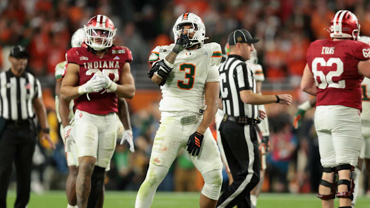 Jan 19, 2026; Miami Gardens, FL, USA; Miami Hurricanes defensive lineman Akheem Mesidor (3) celebrates after a sack against the Indiana Hoosiers in the third quarter during the College Football Playoff National Championship game at Hard Rock Stadium. Mandatory Credit: Sam Navarro-Imagn Images