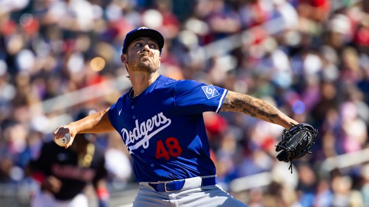 Mar 11, 2024; Goodyear, Arizona, USA; Los Angeles Dodgers pitcher Michael Hobbs against the Cleveland Guardians during a spring training game at Goodyear Ballpark. Mandatory Credit: Mark J. Rebilas-Imagn Images
