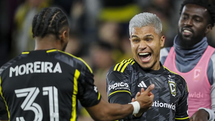 Mar 16, 2024; Columbus, Ohio, USA; Columbus Crew forward Cucho Hernandez (9) reacts after a goal is