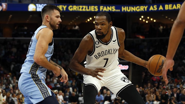 Oct 24, 2022; Memphis, Tennessee, USA; Brooklyn Nets forward Kevin Durant (7) dribbles as Memphis
