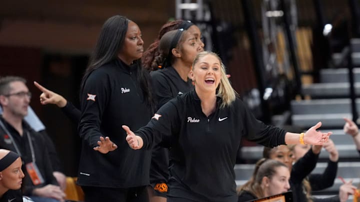 Oklahoma State head women's basketball coach Jacie Hoyt reacts to a call in the first half of the college basketball game between the Oklahoma State University Cowgirls and the Colorado Buffaloes at Gallagher-Iba Arena in Stillwater, Okla., Saturday, Feb., 22, 2025.