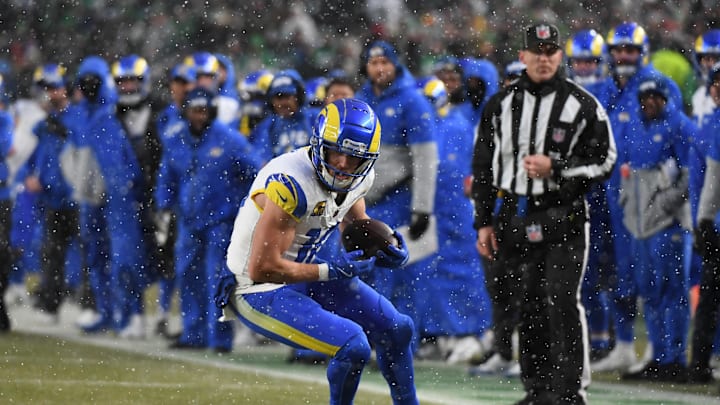Jan 19, 2025; Philadelphia, Pennsylvania, USA; Los Angeles Rams wide receiver Cooper Kupp (10) catches a pass against the Philadelphia Eagles in the first half in a 2025 NFC divisional round game at Lincoln Financial Field. Mandatory Credit: Eric Hartline-Imagn Images