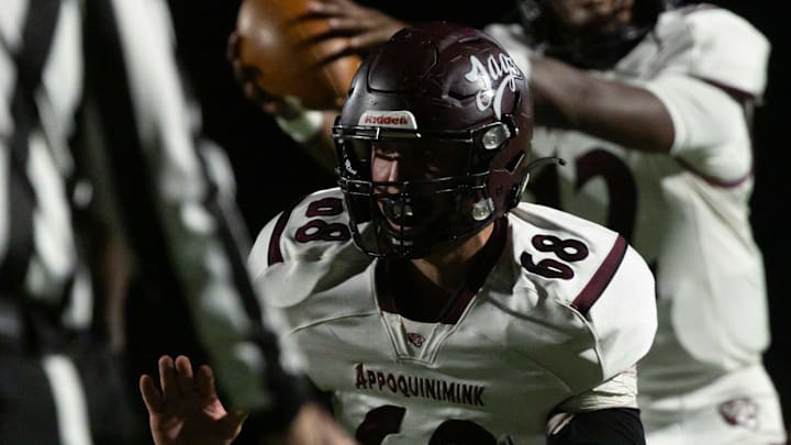 Appoquinimink offensive linemen Layton Von Brandt (69) competes during a regular season game between Middletown and Appoquinimink, Nov 7, 2025, at Cavalier Stadium in Middletown.