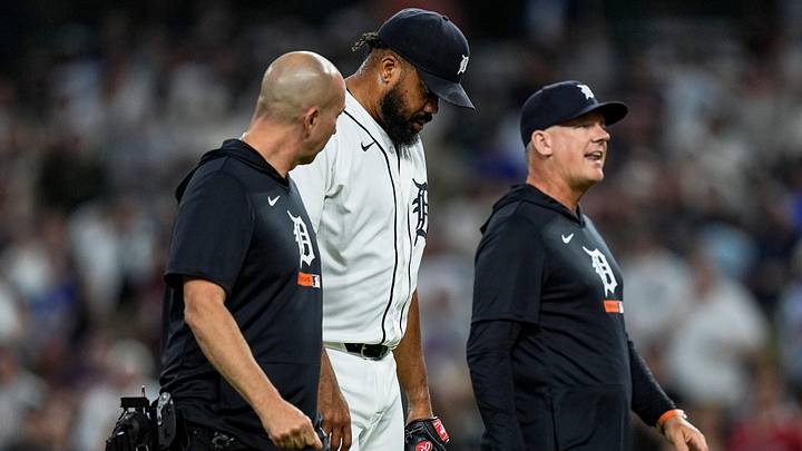 Detroit Tigers pitcher Kenley Jansen (74) walks off the field due to an injury. Detroit Tigers pitcher Kenley Jansen (74) walks off the field due to an injury.