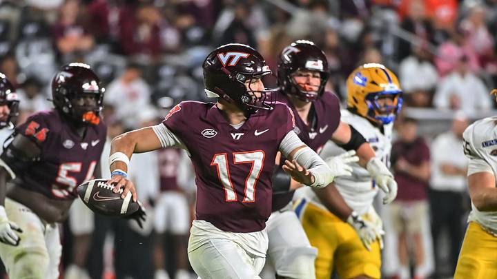 Oct 2, 2026; Blacksburg, Virginia, USA;  Virginia Tech Hokies quarterback Ethan Grunkemeyer (17) throws a pass during the fourth quarter against the Pittsburgh Panthers at Lane Stadium.  Mandatory Credit: Brian Bishop-Imagn Images