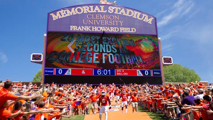 Apr 11, 2015; Clemson, SC, USA; Clemson Tigers players run onto the field prior to the Clemson spring game at Clemson Memorial Stadium. Mandatory Credit: Joshua S. Kelly-USA TODAY Sports