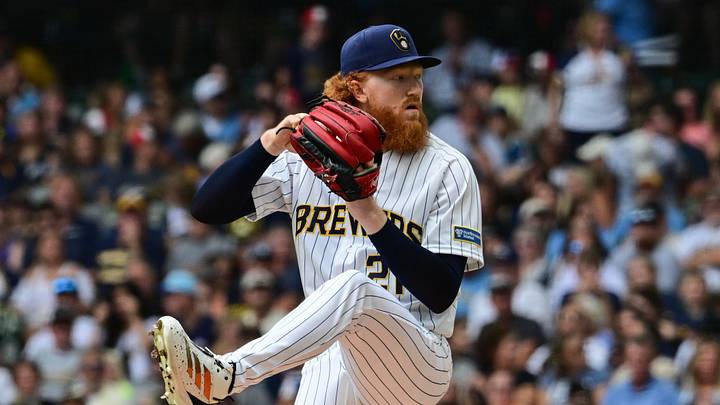 Aug 30, 2026; Milwaukee, Wisconsin, USA;  Milwaukee Brewers pitcher Dustin May (21) throws a pitch in the first inning against the Texas Rangers at American Family Field.  Mandatory Credit: Benny Sieu-Imagn Images