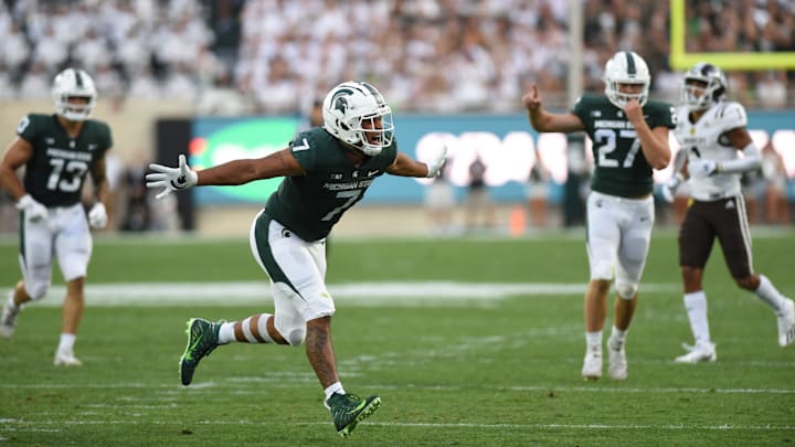 MSU's LB Aaron Brule celebrates an MSU play against Western Michigan Friday. Sept. 2, 2022, during