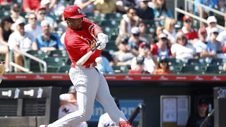 Feb 26, 2023; Jupiter, Florida, USA; St. Louis Cardinals left fielder Jordan Walker (67) singles in