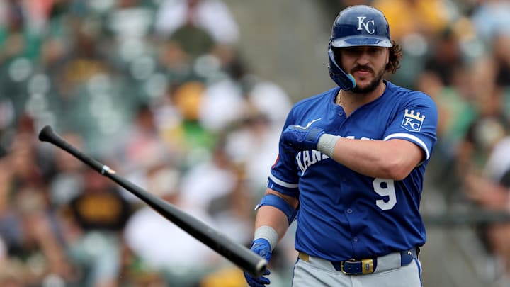 Sep 28, 2025; West Sacramento, California, USA; Kansas City Royals first baseman Vinnie Pasquantino (9) reacts at striking out against the Athletics during the fourth inning at Sutter Health Park. Mandatory Credit: Dennis Lee-Imagn Images
