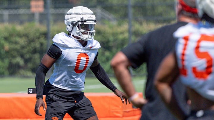 Kobe Hylton (0) runs drills during an Oklahoma State football practice in Stillwater, Okla., on Wednesday, July 31, 2024.