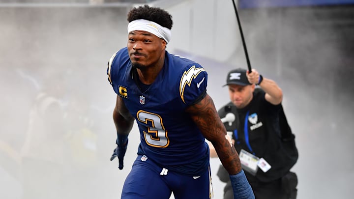 Oct 23, 2025; Inglewood, California, USA; Los Angeles Chargers safety Derwin James (3) takes the field before the game against the Minnesota Vikings at SoFi Stadium. 