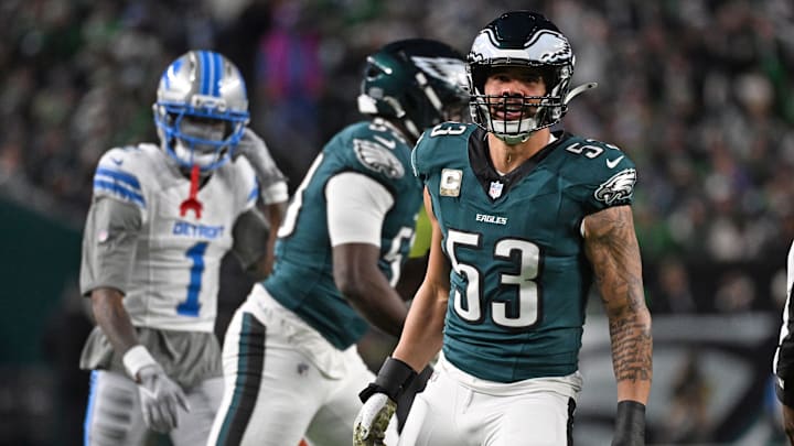 Nov 16, 2025; Philadelphia, Pennsylvania, USA; Philadelphia Eagles linebacker Zack Baun (53) reacts against the Detroit Lions at Lincoln Financial Field. 