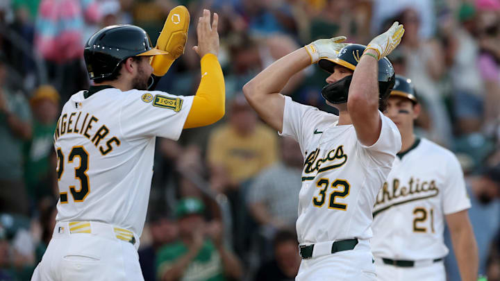 Aug 16, 2025; West Sacramento, California, USA; Athletics right fielder Colby Thomas (32) celebrates with catcher Shea Langeliers (23) after hitting a two-run home run against the Los Angeles Angels during the first inning at Sutter Health Park. Mandatory Credit: Dennis Lee-Imagn Images Aug 16, 2025; West Sacramento, California, USA; Athletics right fielder Colby Thomas (32) celebrates with catcher Shea Langeliers (23) after hitting a two-run home run against the Los Angeles Angels during the first inning at Sutter Health Park. Mandatory Credit: Dennis Lee-Imagn Images