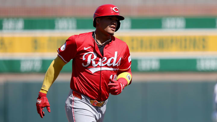 Sep 14, 2025; West Sacramento, California, USA; Cincinnati Reds right fielder Noelvi Marte (16) rounds the bases after hitting a solo home run against the Athletics during the first inning at Sutter Health Park. Mandatory Credit: Dennis Lee-Imagn Images