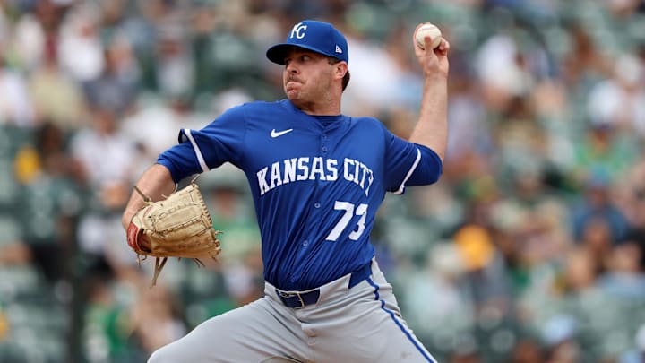 Sep 28, 2025; West Sacramento, California, USA; Kansas City Royals pitcher Sam Long (73) throws a pitch against the Athletics during the eighth inning at Sutter Health Park. Mandatory Credit: Dennis Lee-Imagn Images