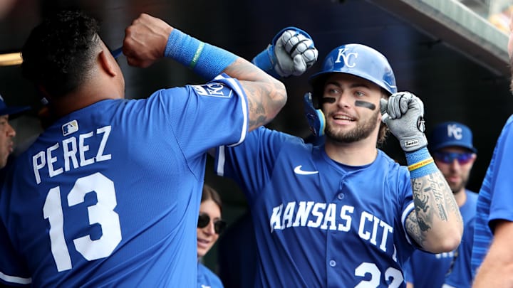 Sep 28, 2025; West Sacramento, California, USA; Kansas City Royals catcher Carter Jensen (22) celebrates in the dugout with teammates after hitting a solo home run against the Athletics during the seventh inning at Sutter Health Park. Mandatory Credit: Dennis Lee-Imagn Images Sep 28, 2025; West Sacramento, California, USA; Kansas City Royals catcher Carter Jensen (22) celebrates in the dugout with teammates after hitting a solo home run against the Athletics during the seventh inning at Sutter Health Park. Mandatory Credit: Dennis Lee-Imagn Images