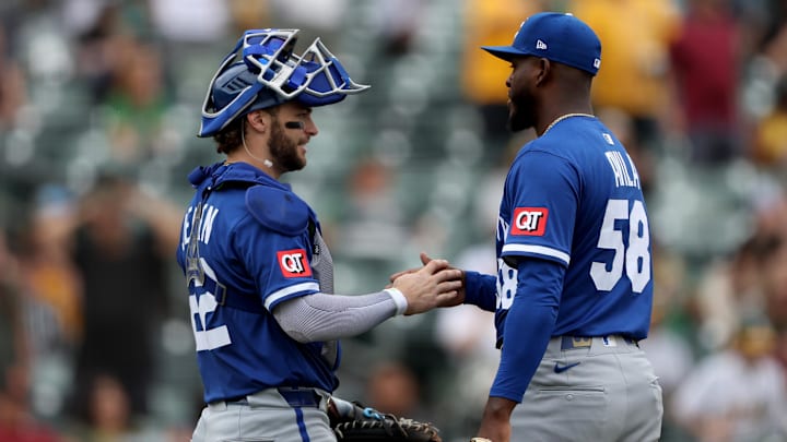 Sep 28, 2025; West Sacramento, California, USA; Kansas City Royals pitcher Luinder Avila (58) and catcher Carter Jensen (22) celebrate their win against the Athletics at Sutter Health Park. 
