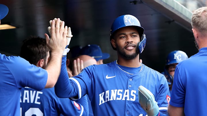 Sep 28, 2025; West Sacramento, California, USA; Kansas City Royals third baseman Maikel Garcia (11) celebrates with teammates after scoring a run against the Athletics during the seventh inning at Sutter Health Park. Mandatory Credit: Dennis Lee-Imagn Images
