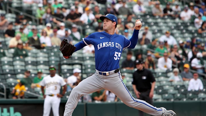 Sep 28, 2025; West Sacramento, California, USA; Kansas City Royals starting pitcher Cole Ragans (55) throws a pitch against the Athletics during the first inning at Sutter Health Park. Mandatory Credit: Dennis Lee-Imagn Images