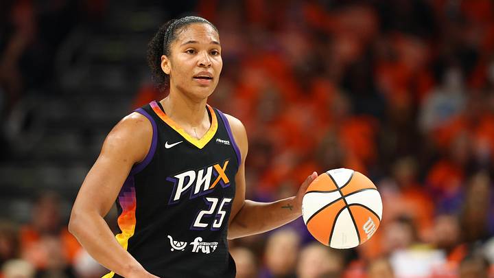 Oct 8, 2025; Phoenix, Arizona, USA; Phoenix Mercury forward Alyssa Thomas (25) dribbles the ball against the Las Vegas Aces in the first half during game three of the 2025 WNBA Finals at PHX Arena. Mandatory Credit: Mark J. Rebilas-Imagn Images