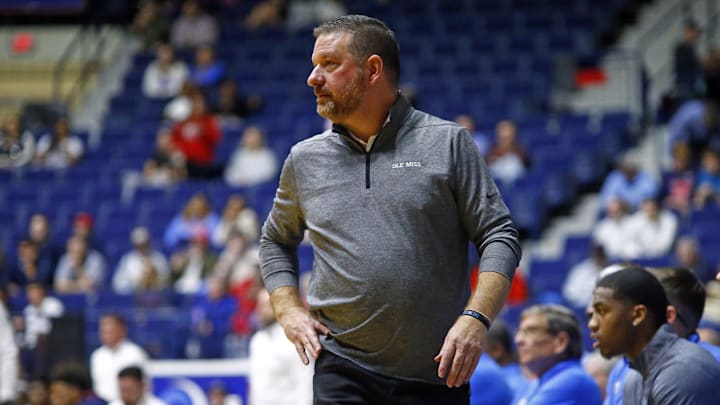 Nov 12, 2024; Oxford, Mississippi, USA; Mississippi Rebels head coach Chris Beard watches during the second half against the South Alabama Jaguars at C.M. 'Tad' Smith Coliseum. Mandatory Credit: Petre Thomas-Imagn Images Nov 12, 2024; Oxford, Mississippi, USA; Mississippi Rebels head coach Chris Beard watches during the second half against the South Alabama Jaguars at C.M. 'Tad' Smith Coliseum. Mandatory Credit: Petre Thomas-Imagn Images
