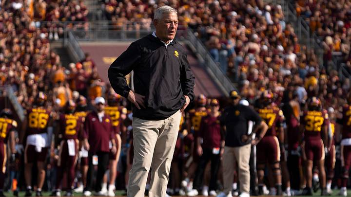 Iowa head football coach Kirk Ferentz watches his team warm up Oct. 24, 2026 before a Big Ten football game against the Minnesota Golden Gophers in Minneapolis, Minnesota. Iowa head football coach Kirk Ferentz watches his team warm up Oct. 24, 2026 before a Big Ten football game against the Minnesota Golden Gophers in Minneapolis, Minnesota.