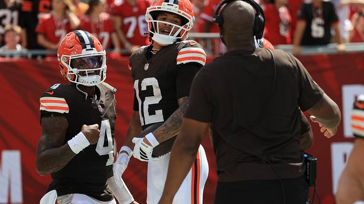Sep 20, 2026; Tampa, Florida, USA; Cleveland Browns wide receiver Denzel Boston (12) celebrates scoring a touchdown with quarterback Deshaun Watson (4) and head coach Todd Monken during the second half against the Cleveland Browns at Raymond James Stadium. Mandatory Credit: Kim Klement Neitzel-Imagn Images Sep 20, 2026; Tampa, Florida, USA; Cleveland Browns wide receiver Denzel Boston (12) celebrates scoring a touchdown with quarterback Deshaun Watson (4) and head coach Todd Monken during the second half against the Cleveland Browns at Raymond James Stadium. Mandatory Credit: Kim Klement Neitzel-Imagn Images