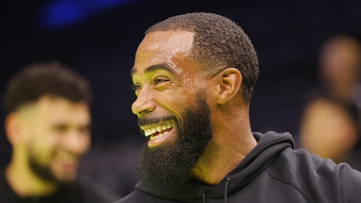 Nov 14, 2025; Minneapolis, Minnesota, USA; Minnesota Timberwolves guard Mike Conley (10) prepares to play the Utah Jazz before the game at Target Center. Mandatory Credit: Bruce Kluckhohn-Imagn Images