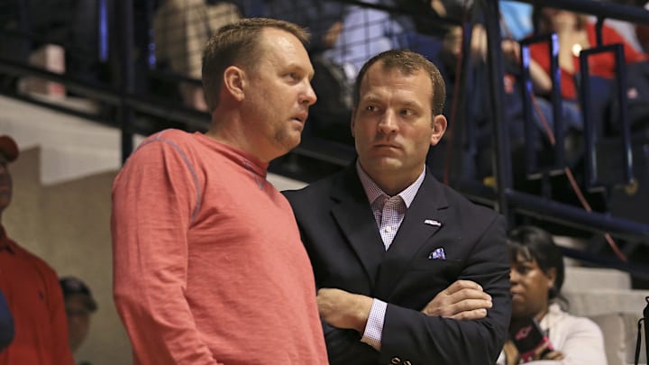 Dec 22, 2015; Oxford, MS, USA; Mississippi Rebels head football coach Hugh Freeze talks with